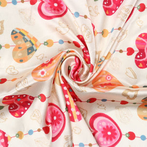 Bright Beige And Pink Heart Pattern Digital Print Japan Satin Fabric