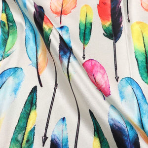 Cream And Multi Color Feather Pattern Digital Print Japan Satin Fabric