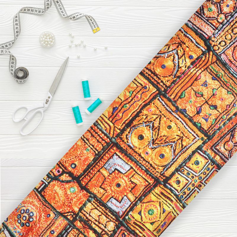 Golden Yellow And Black Gamthi Pattern Digital Print Fabric – Fabmyntra