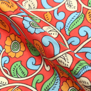 Red And Orange Floral Pattern Digital Print Japan Satin Fabric