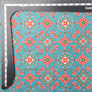 Teal Blue And Red Patola Pattern Digital Print Japan Satin Fabric