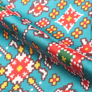 Teal Blue And Red Patola Pattern Digital Print Japan Satin Fabric