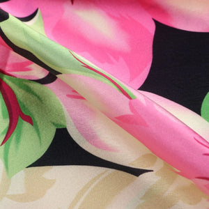 Pink And Black Floral Pattern Digital Print Japan Satin Fabric