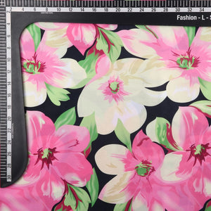 Pink And Black Floral Pattern Digital Print Japan Satin Fabric