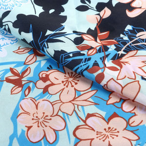 Sky Blue And Peach Floral Pattern Digital Print Japan Satin Fabric