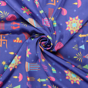 Blue And Pink Diwali Pattern Digital Print Japan Satin Fabric