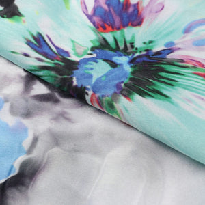 Turquoise And White Floral Pattern Digital Print Japan Satin Fabric