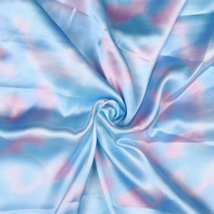 Baby Blue And Pink Tie & Dye Pattern Screen Print Japan Satin Fabric