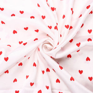 White And Red Heart Pattern Screen Print Japan Satin Fabric