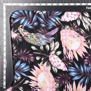 Black And Baby Pink Floral Pattern Screen Print Japan Satin Fabric