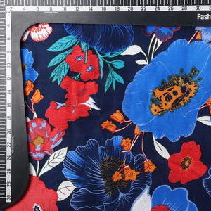 Dark Blue And Red Floral Pattern Screen Print Japan Satin Fabric