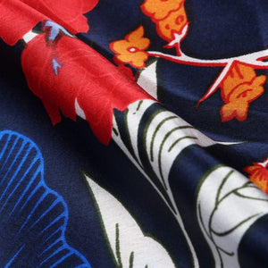 Dark Blue And Red Floral Pattern Screen Print Japan Satin Fabric