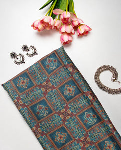 Teal Blue And Brown Traditional Pattern Digital Print Kota Doria Saree With Blouse