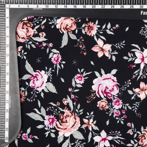 Black And Pink Floral Pattern Screen Print Crepe Fabric