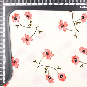 White And Salmon Red Floral Pattern Digital Print Micro Crepe Fabric