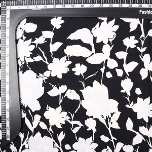 Black And White Floral Pattern Screen Print Micro Crepe Fabric