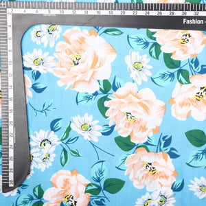 Sky Blue And White Floral Pattern Screen Print Micro Crepe Fabric