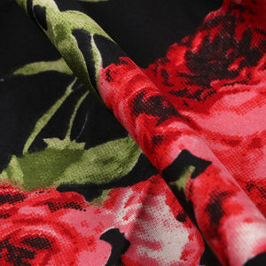 Black And Red Floral Pattern Screen Print Micro Crepe Fabric