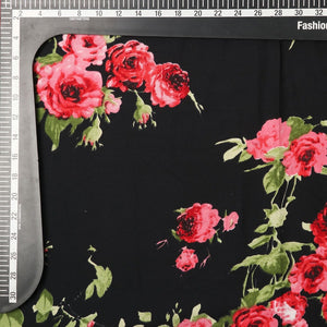 Black And Red Floral Pattern Screen Print Micro Crepe Fabric