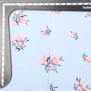 Sky Blue And Pink Floral Pattern Screen Print Micro Crepe Fabric