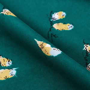 Jade Green And Light Yellow Bird Pattern Screen Print Micro Crepe Fabric