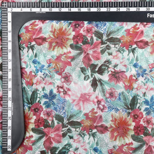Red And Mint Green Floral Pattern Screen Print Mull Fabric