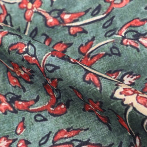 Green And Red Floral Pattern Digital Print Muslin Fabric