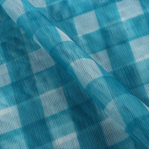 Blue And White Checks Pattern Screen Print Net Fabric