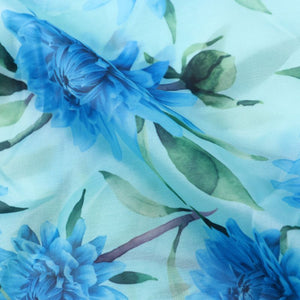 Blue And Green Floral Pattern Digital Print Liquid Organza Fabric