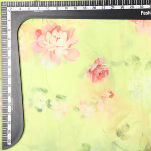 Lime Yellow And Pink Floral Pattern Digital Print Liquid Organza Fabric