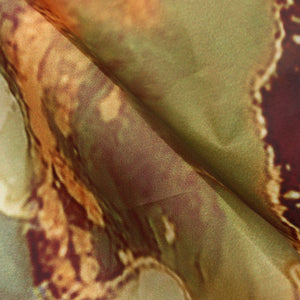 Olive Green And Brown Abstract Pattern Digital Print Liquid Organza Fabric