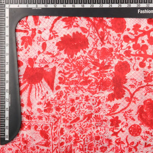 White And Bright Red Floral Pattern Digital Print Liquid Organza Fabric