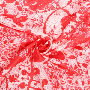 White And Bright Red Floral Pattern Digital Print Liquid Organza Fabric