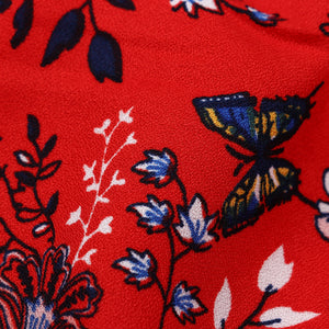 Red And White Floral Pattern Screen Print Crepe  Fabric