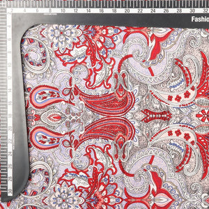 Red And White Paisley Pattern Screen Print Crepe Fabric