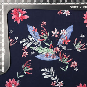 Blue And Red Floral Pattern Screen Print Moss Crepe Fabric