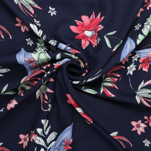 Blue And Red Floral Pattern Screen Print Moss Crepe Fabric