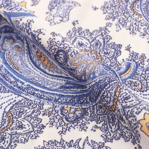 White And Blue Paisley Pattern Screen Print Silk Crepe Fabric