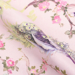 Pink And Green Bird Pattern Digital Print Rayon Fabric