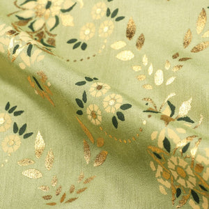 Olive Green And Yellow Floral Pattern Foil Print Rayon Fabric