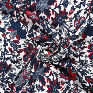 White And Dark Blue Floral Natural Dye Screen Print Rayon Fabric