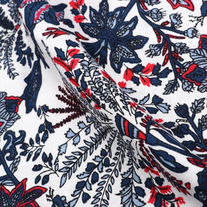 White And Dark Blue Floral Natural Dye Screen Print Rayon Fabric