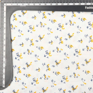 White And Yellow Floral Pattern Screen Print Rayon Fabric