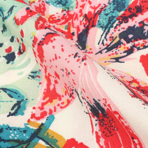 Mint Green And Red Floral Pattern Screen Print Rayon Fabric