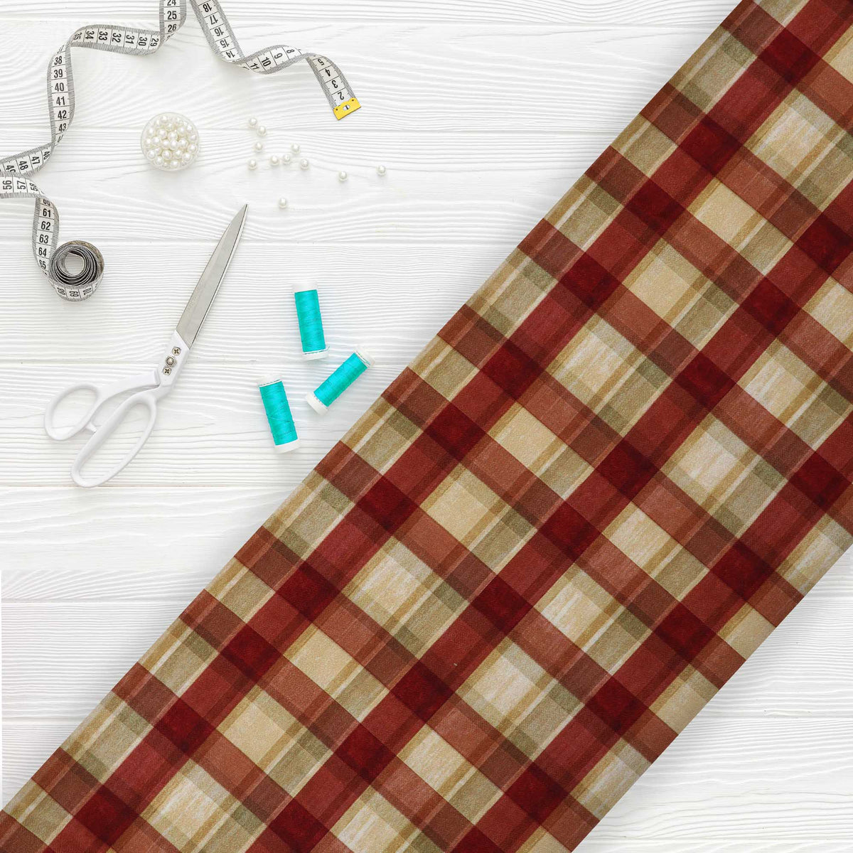 Yellow And Maroon Checks Pattern Digital Print Rayon Fabric – Fabmyntra