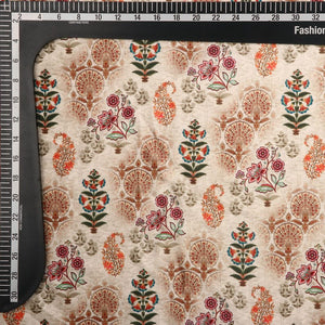 Beige And Maroon Floral Pattern Digital Print Silk Crepe Fabric