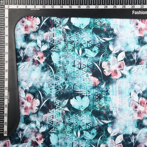 Green And Dark Blue Floral Pattern Digital Print Silk Crepe Fabric