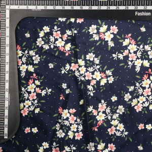 Dark Blue And White Floral Pattern Digital Print Silk Crepe Fabric