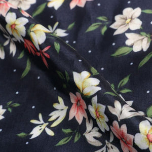 Dark Blue And White Floral Pattern Digital Print Silk Crepe Fabric