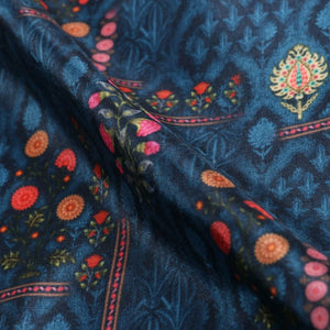 Navy Blue And Pink Floral Pattern Digital Print Silk Crepe Fabric